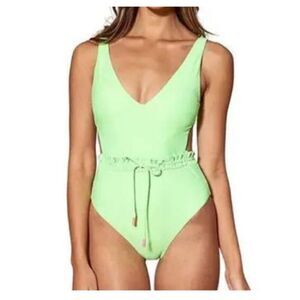 Red Carter Women's Lime Green Ruffle Cutout Side One Piece Swimsuit